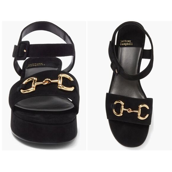 Jeffrey Campbell Black Suede Gold Timeless 2 Platform Sandal Shoe Women Size 7 - Picture 2 of 6